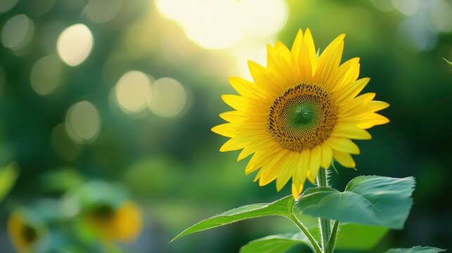 Close-up of a sunflower with a blurred garden background, creating ample space on the left side for text or promotional material.