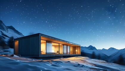 Modern minimalist cabin in snowy mountain landscape beneath a starry night sky