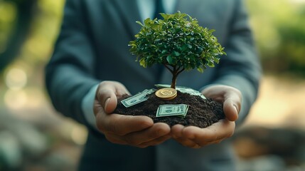 Poster - A businessman holding a coin with a tree that grows and a tree that grows on a pile of money The idea of maximizing the profit from the business investment : Generative AI