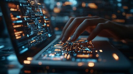 Aufkleber - Digital technology software development concept Coding programmer software engineer working on laptop with circuit board and javascript on virtual screen internet of things IoT : Generative AI