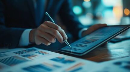 Poster - business professional analyzes financial data on a tablet while reviewing reports during a meeting i