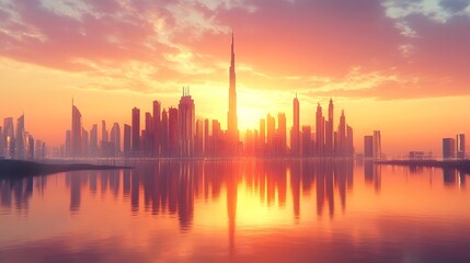 Dubai city 3d concept background amazing city center skyline with luxury skyscrapers at sunrise United Arab Emirates : Generative AI