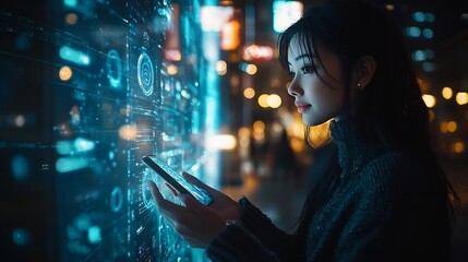 Aufkleber - Metaverse and Blockchain Technology Concepts Person with an Experiences of Metaverse Virtual World via Smart Phone Futuristic Tone Conceptual Photo : Generative AI