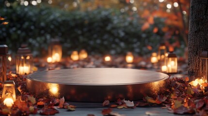 Aufkleber - A wooden platform is placed in a forest setting. The platform is surrounded by lit lanterns and fallen autumn leaves. The platform is empty, providing space for a product display or other object.