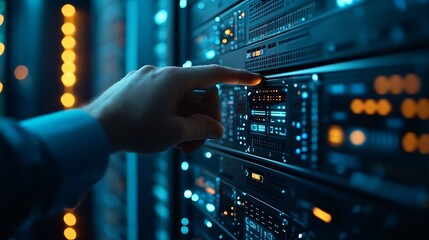 Poster - Big data digital technology concept Software engineer touching on virtual internet network connection with data center network server innovative futuristic technology background data m : Generative AI