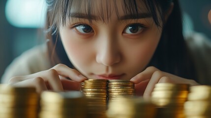 Poster - Young Asian woman making stack of coin invest save finance concept saving money investment : Generative AI