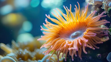 Close-up of a vibrant sea anemone with its tentacles fully extended, with a clean, blurred background providing ample copy space for text or branding.