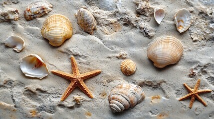 Poster - Top view of a sandy beach texture with imprints of exotic seashells and starfish as natural textured background : Generative AI