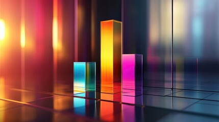 Poster - A realistic 3D bar chart rising from a transparent glass platform, with each bar cast in different colors and shadows, showcasing business growth.