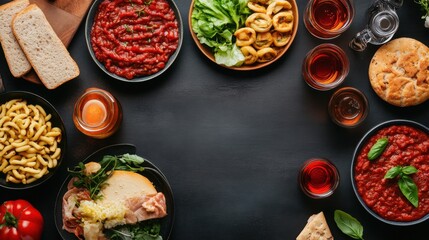 Delicious arrangement of various dishes including pasta, sauce, salad, and bread perfect for a family meal or gathering