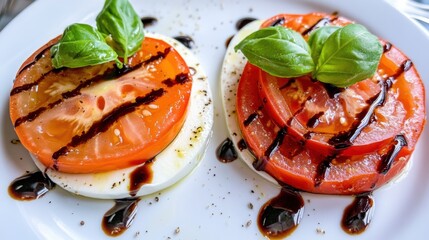 Poster - A plate topped with tomatoes and basil sauce on a white table, AI