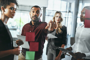 Poster - Sticky notes, men and planning of group, pointing and collaboration of employees for stock market. Discussion, trader and people with ideas, women and brainstorming for investment opportunity