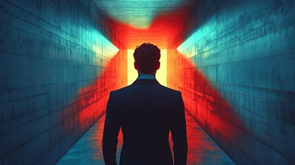 Wall Mural - A man in a suit stands in a tunnel with red and blue lights