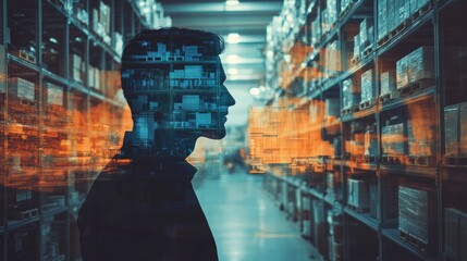 Silhouette of a man in a warehouse, digital overlay representing innovation.