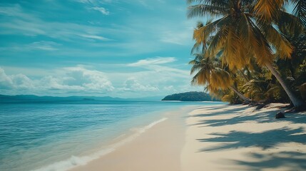 Aufkleber - tropical paradise beach with white sand and coco palms travel tourism wide panorama background concept : Generative AI