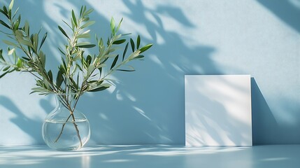 Poster - Combination of glass vase and olive branches Sunlight table background White card leaning against blue wall Invitation mockup long shadow : Generative AI