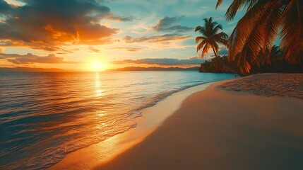 Poster - Island palm tree sea sand beach Panoramic beach landscape Inspire tropical beach seascape horizon Orange and golden sunset sky calmness tranquil relaxing summer mood Vacation travel ho : Generative AI