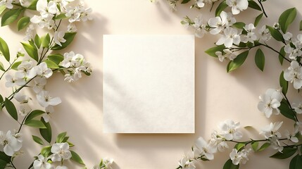 Poster - Summer wedding stationery mockup Solid color greeting cards and invitations on beige background White flowers Natural light and shadow overlay Flat lay top view : Generative AI