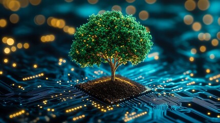 Leinwandbilder - Tree with soil growing on  the converging point of computer circuit board Blue light and wireframe network background Green Computing Green Technology Green IT csr and IT ethics Concep : Generative AI