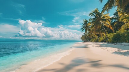 Aufkleber - Beautiful beach with white sand turquoise ocean green palm trees and blue sky with clouds on Sunny day Summer tropical landscape panoramic view : Generative AI
