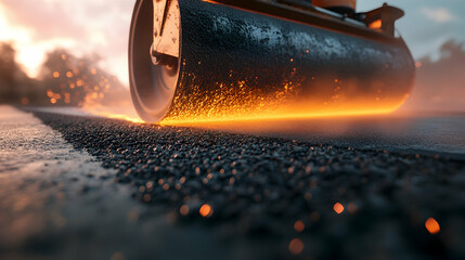 Roller rolling fresh hot asphalt on the new road. Road construction. Generative AI