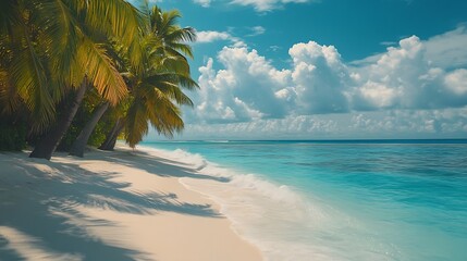 Aufkleber - Beautiful tropical beach with white sand palm trees  turquoise ocean against blue sky with clouds on sunny summer day Perfect landscape background for relaxing vacation island of Maldi : Generative AI