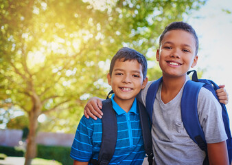 Wall Mural - Portrait, hug and boys with education, friends and bonding together with knowledge, smile and joy. Face, outdoor and happy kids with embrace, backpack and scholarship with break, childhood and school