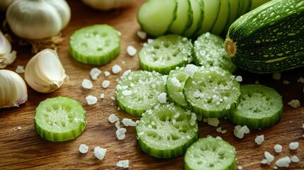 Close-up of fresh bitter gourd, cut into rings, with a sprinkle of sea salt and surrounded by sliced onions and garlic on a wooden surface.