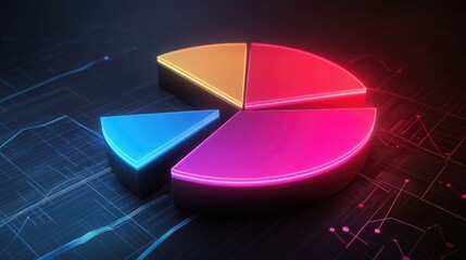 Poster - A segmented 3D pie chart with neon-colored slices rotating on a dark background, representing data analysis and statistics with futuristic effects.