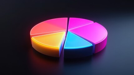 Poster - A segmented 3D pie chart with neon-colored slices rotating on a dark background, representing data analysis and statistics with futuristic effects.