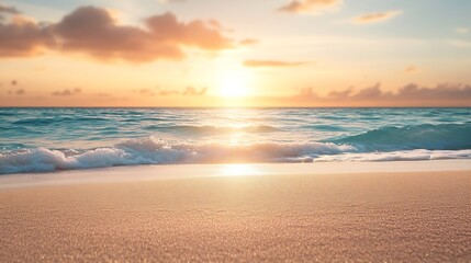 Summer background image of tropical beach with blurred horizon at sunset Light sand of beach against backdrop of sparkling ocean water Natural seascape : Generative AI