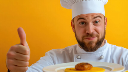 Wall Mural - A chef giving a thumbs up with his hands on the plate, AI