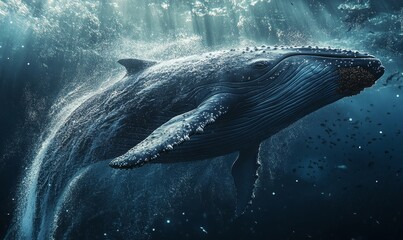 Whale swimming through the water with bubbles.