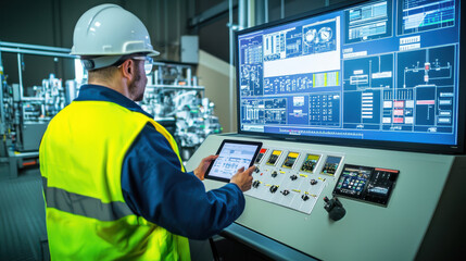 A man in a hard hat and safety vest operates a digital control panel in an industrial setting, monitoring data on a large screen.