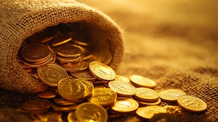 Poster - Gold coins in sack Gold money on orange background Copy space A pile of coins A bag with gold coins Treasure hunt : Generative AI