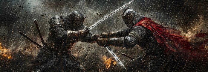 Wall Mural - two medieval knights duelling with swords and armor outside in the rain.