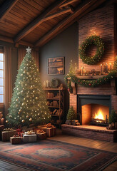 Wall Mural - Old Western-style room decorated for Christmas with a Christmas tree, a brick fireplace and a sofa. Christmas image. Card design. クリスマスツリーとレンガ造りの暖炉とソファーのあるクリスマスの飾りをした古い洋室。クリスマスのイメージ。カードデザイン。