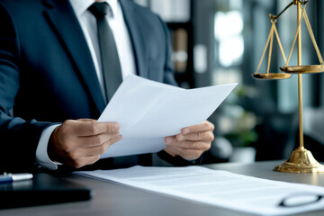 A professional lawyer reviewing important legal documents with a scale symbolizing justice in the background.