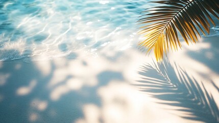 palm leaf shadow on abstract white sand beach background sun lights on water surface beautiful abstract background concept banner for summer vacation at the beach : Generative AI