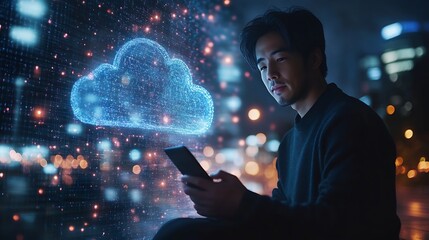 Fototapete - Digital technology cloud computing concept Software engineer using mobile smart phone and laptop computer with global network connection Technology innovative and communication concept : Generative AI