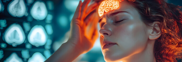 Wall Mural - An illustration of a woman experiencing vertigo and dizziness caused  brain tumor and cerebral thrombosis.