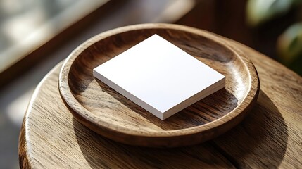 Poster - Blank white business card mockup on wooden plate chop board Grey table backgound Modern minimalist template Branding identity Natural winter design Flat lay top view : Generative AI