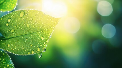 Close-up of morning dew on a leaf, with the background blurred and ample space on the right for copy, ideal for eco-friendly or organic products.