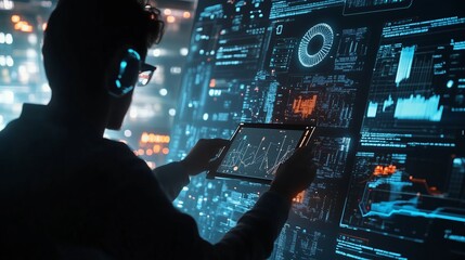 Poster - tech analyst examining data on a digital tablet in a high-tech interactive workspace at night