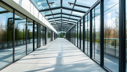 Wall Mural - Contemporary walkway featuring glass ceiling and expansive windows, exuding a bright and open ambiance.