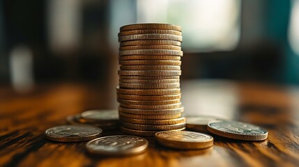 Poster - Close up stack of coin on table background and business or finance saving money : Generative AI