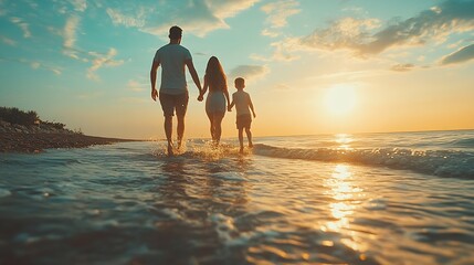 Wall Mural - Lets go splish and splash Rearview shot of a happy family walking towards the sea : Generative AI