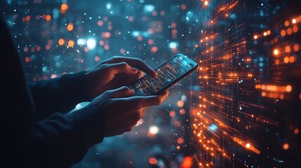Fototapete - Digital technology big data internet network connection futuristic innovation technology background Man using mobile phone and laptop and smart city : Generative AI