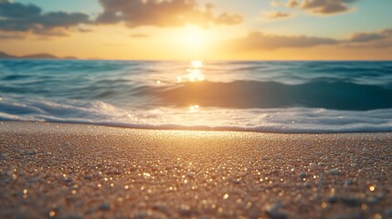 Poster - Summer background image of tropical beach with blurred horizon at sunset Light sand of beach against backdrop of sparkling ocean water Natural seascape : Generative AI