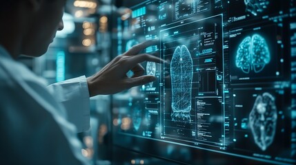 Fototapete - Doctor diagnose digital patient record on virtual medical network on Computing electronic medical record Digital healthcare and network connection interface Global health care Medical  : Generative AI
